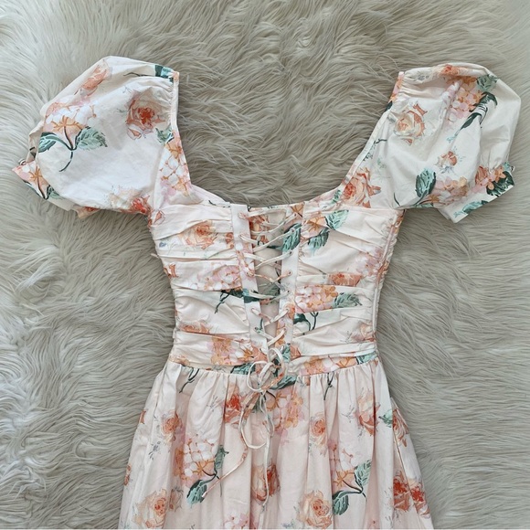 House of CB Lulabell Peach Floral Cotton Puff Sleeve Midi Dress Corset Back A-C - Picture 10 of 15